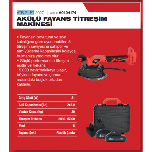 Attlas ATB 21 FT-202C Akülü Fayans Tokmağı Titreşimli 21V 2x2.0Ah