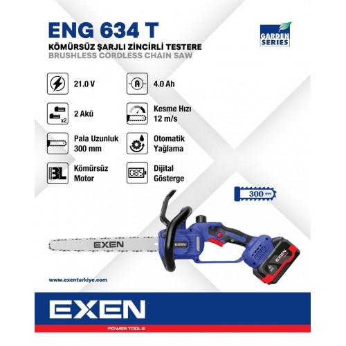 Exen Eng 634 T Akülü Zincirli Budama Testersi Kömürsüz 300mm 21V 4Ah