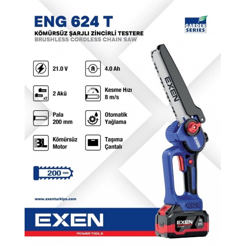 Exen Eng 624 T Akülü Zincirli Budama Testersi Kömürsüz 21V 4Ah