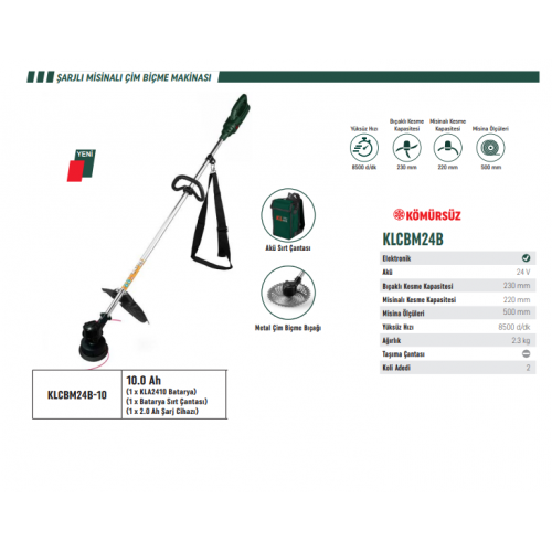 KL PRO KLCBM24B-10 AKÜLÜ ÇİM BİÇME TIRPAN MİSİNALI VE TESTERELİ 10AH