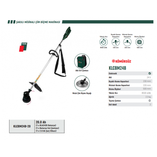 KL PRO KLCBM24B-20 AKÜLÜ ÇİM BİÇME TIRPAN MİSİNALI VE TESTERELİ 20AH