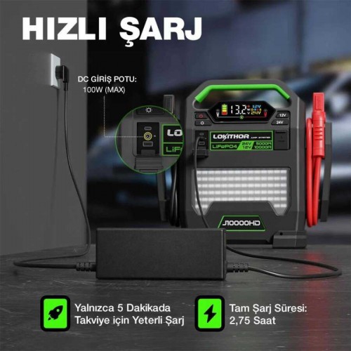Lokithor J10000HD 12V/24V 10.000Amp LiFePO4 Akıllı Akü Takviye + Powerbank + Led Lamba