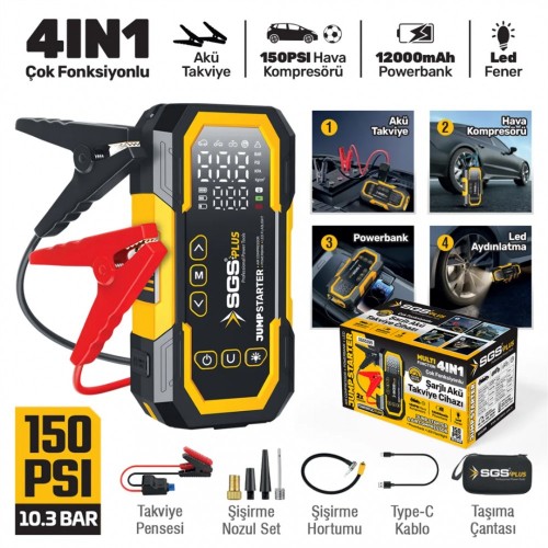 SGS 5399 Akü Takviye ve Lastik Şişirme Hava Kompresörü 12.000 mAh