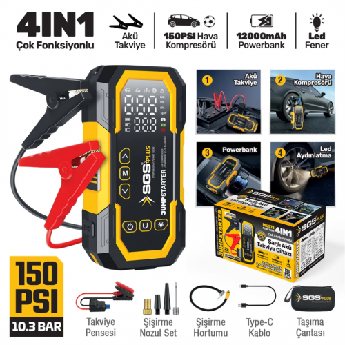 SGS 5399 Şarjlı Akü Takviye ve Lastik Şişirme Hava Kompresörü (16.8V / 12.000 mAh – 4 in 1)