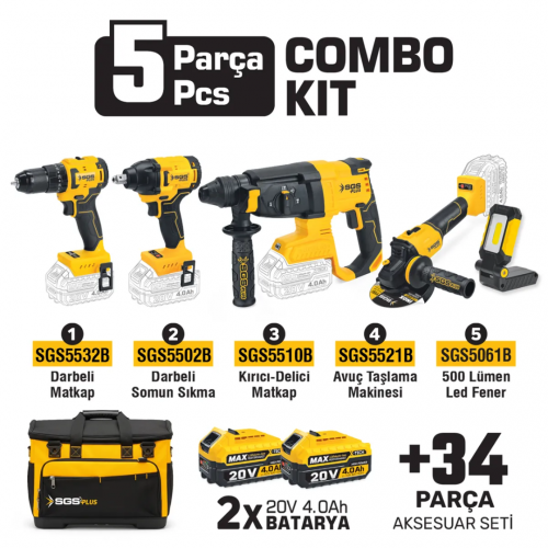 SGS 5451 Combo Set Hilti-Taşlama-Matkap-Somın Sökme-Fener 5Li