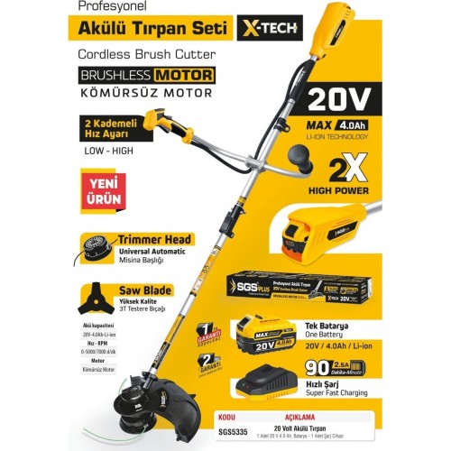 Sgs 5335 Akülü Tırpan Makinesi Kömürsüz Motor  20 Volt 4 Amper