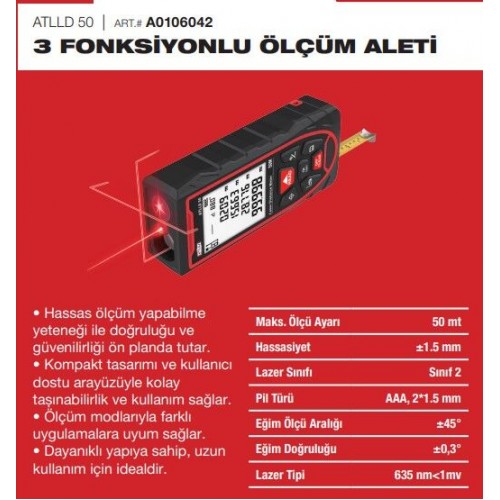 Attlas ATLLD 50 Lazer Metre Ve Lazer Hizalama 50mt