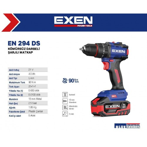 Exen EN 294 DS Akülü Darbeli Matkap Kömürsüz 90Nm 21v 4Ah