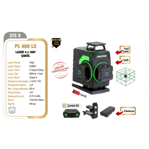 Proter PL 460 LS Akülü Yeşil Lazer  4 x 360''