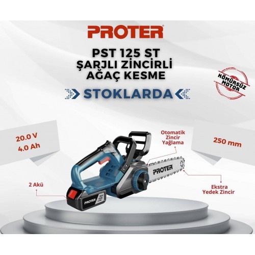 Proter PST 125 ST Şarjlı Zincirli Dal Kesme 25cm 20V 4.0Ah
